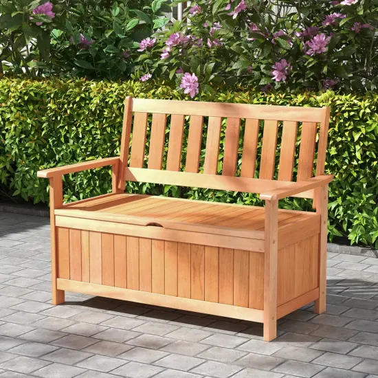 Costway 48 Inch Patio Storage Bench Wood Loveseat with Slatted Backrest for Backyard {4}