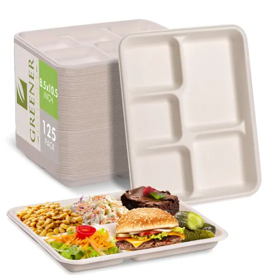Natural 5 Compartment Compostable Disposable Paper Plate (125 Trays) {1}