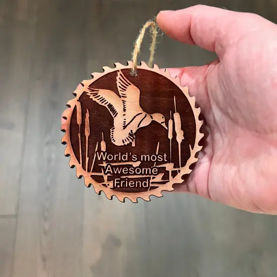 Sawblade with Duck Worlds Most Awesome Friend - Cedar Ornament {4}