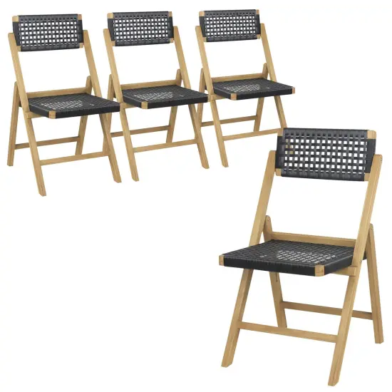 Costway 2/4 Piece Patio Folding Chairs with Woven Rope Seat & High Back Indonesia Teak Wood for Porch Natural&Black {1}