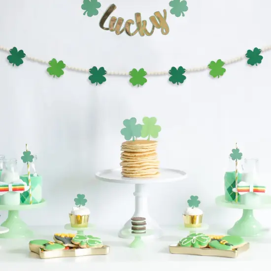 St. Patrick's Day Decorations, Felt Shamrocks Wood Bead Garland for St. Patrick's Day Decor, Lucky Green St. Patrick's Day Felt Banner for Fireplace Mantel Walls {1}