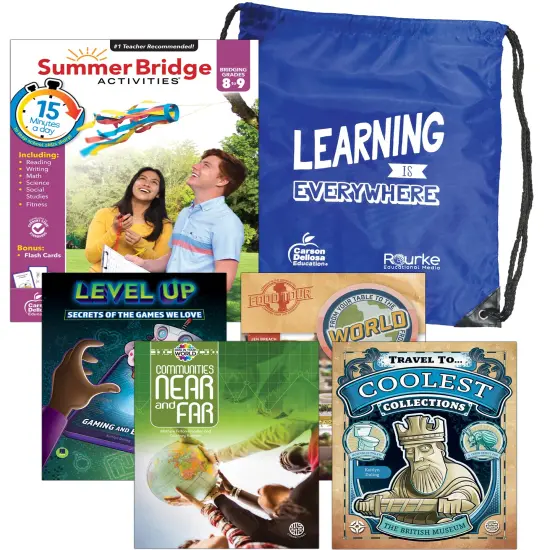 Summer Bridge Activities 8-9 Bundle, Ages 13-14, Math, Reading Comprehension, Writing, Science Summer Learning 9th Grade Workbooks All Subjects With Flash Cards, Children's Books, Drawstring Bag {1}