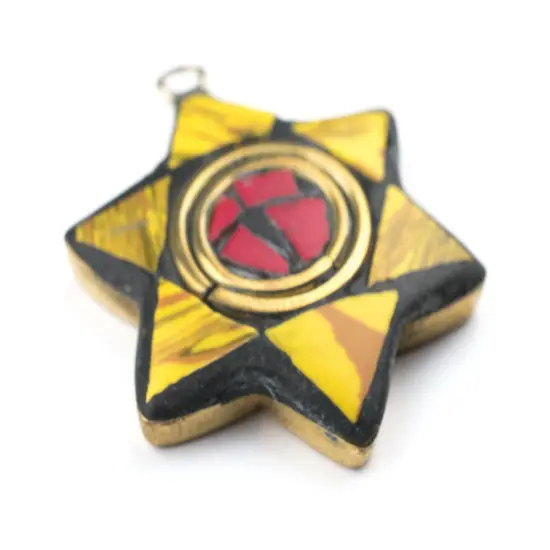 The Bead Chest Nepali Star of David Pendant: Authentic Ethnic Judaica Brass Charm Inlaid with Stone for DIY Necklace and Jewelry (Yellow & Red) {3}