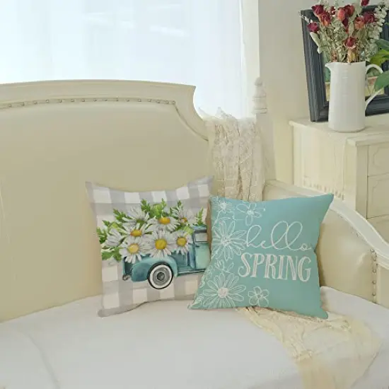 Pillow Covers 18x18 Set of 4 Buffalo Plaid Daisy Truck Bloom Hello Sunshine Spring Pillows Decorative Throw Pillows Light Blue Pillowcase Spring Decorations Farmhouse Decor for Couch Sofa {4}