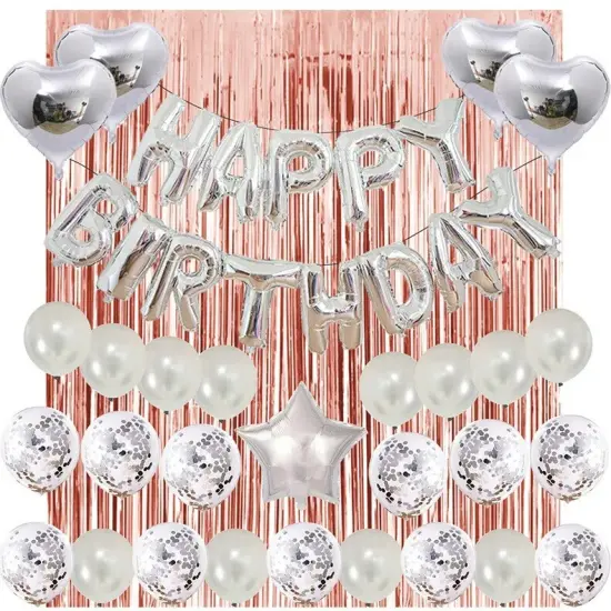 Hot Happy Birthday Decoration Multiple Color Banner Balloons Set Party Supplies Foil tinsel silver {1}