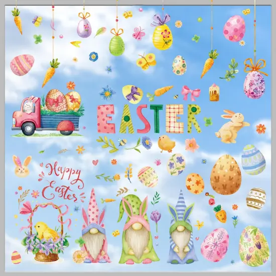 Easter Decorations Window Clings Decals Decor, 9 Sheets Large Easter Eggs Flowers Bunny Party Supplies Gifts, Double Sided Spring Window Clings Decorations for Kids School Home Office {1}