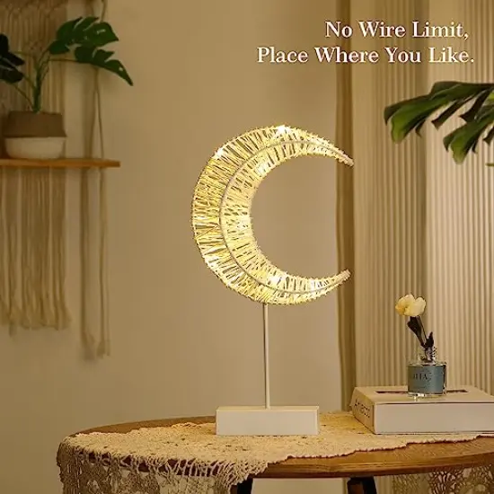 Decorative Table Lamp, Battery Powered Christmas Moon Shape Ramadan Desk Lamp, Winding Thread Warm LED Crescent Light Xmas Home Bedroom Romantic Bedside Desktop Nightstand Decoration - White {1}