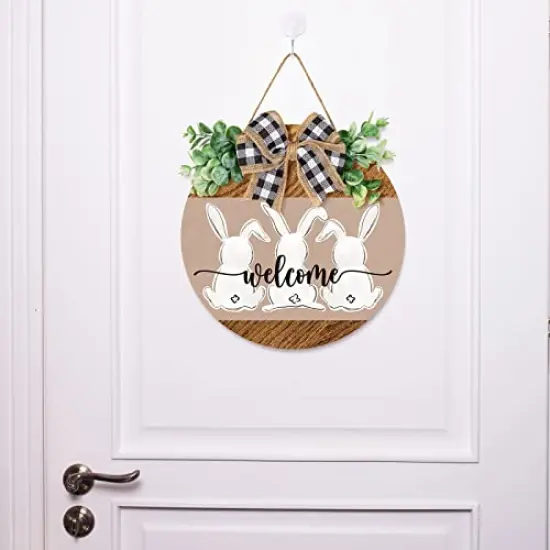 Whaline Easter Wooden Hanging Sign Bunny Rabbit Welcome Sign Door Decoration with Bow Rustic Easter Wood Wreath Sign for Easter Spring Holiday Home Coffee Shop Bakery Farmhouse Window {4}