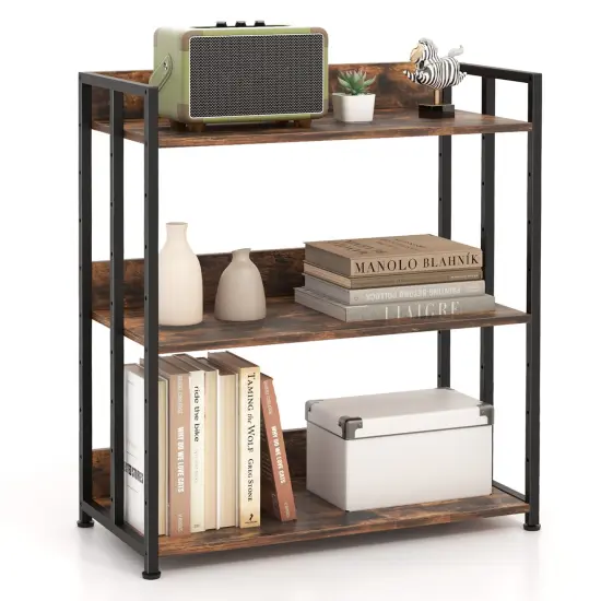 Costway 3-Tier Industrial Metal Frame Corner Bookcase with Adjustable Shelves Rustic Brown {1}