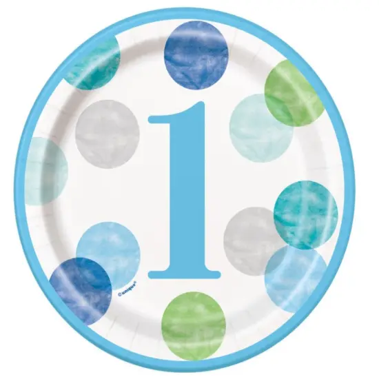 Blue Dots 1st Birthday Round 7" Dessert Plates, 8ct {1}
