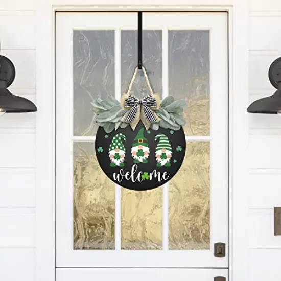 St Patrick's Day Welcome Sign Wreath For Front Door Decor Shamrock Hanging Door Sign Gnomes Pattern With Greenery & Bow Wooden Round St Patricks Day Decoration For The Home Farmhouse Decor 12x12 Inch {5}