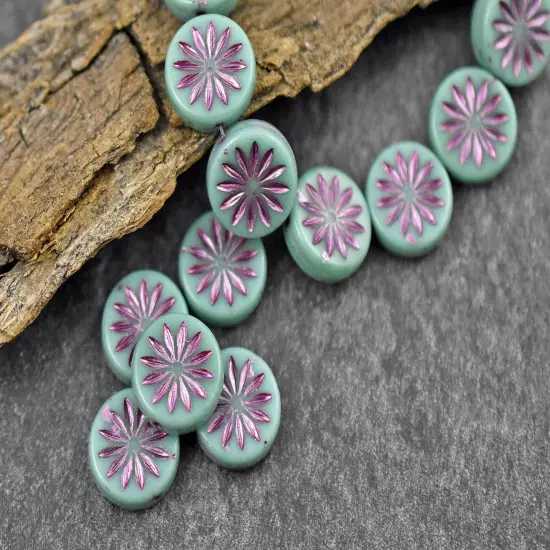 *15* 12mm Pink Washed Opaque Turquoise Aster Flower Coin Beads {1}