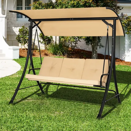 Costway 3-Seat Outdoor Porch Swing Adjustable Canopy Padded Cushions Steel Frame Beige/Black/Brown {3}