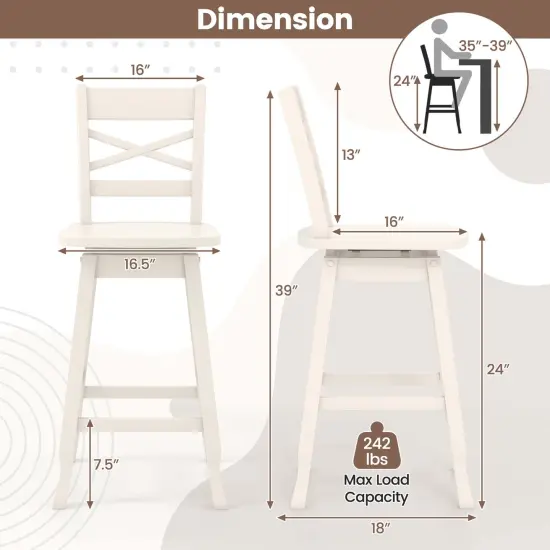 Costway 2 PCS 24"/30" Counter/Bar Height Stool Rubber Wood Swivel Bar Stool with Inclined Backrest Cream {3}