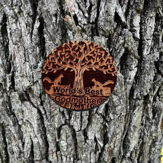 World's Best Godmother Two Squirrels and Tree of Life - Cedar Ornament {2}