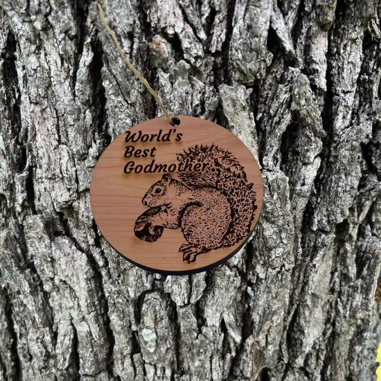 Worlds Best Godmother Squirrel and Nut - Cedar Ornament {2}