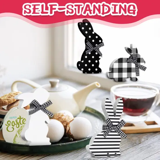4 Pcs Easter Bunny Table Wooden Signs Bunny Shaped Farmhouse Decor Spring Bunny Wood Tabletop Easter Decorations Easter Bunny Dining Room Table Decor Sign Bunny Decor with Rope (Striped) {4}