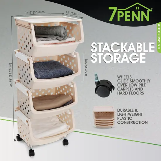 7Penn Rolling Storage Bin - 4pc Beige Stackable Storage Container with Wheels {4}