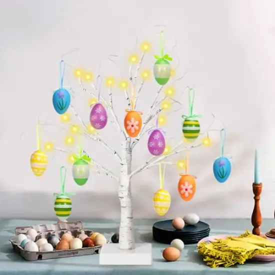 12 Pieces 24" Easter Lighted Birch Tree withOrnaments,Warm White LED Birch Tree Light Tabletop Artificial Tree 8 Lighting Modes USB or Batteries Operated with Timer for Easter Decor {4}