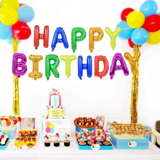 Colorful Celebrations: 16-Inch Mylar Foil Happy Birthday Balloons Banner - Eco-Friendly Decor for All Ages! Rainbow {1}
