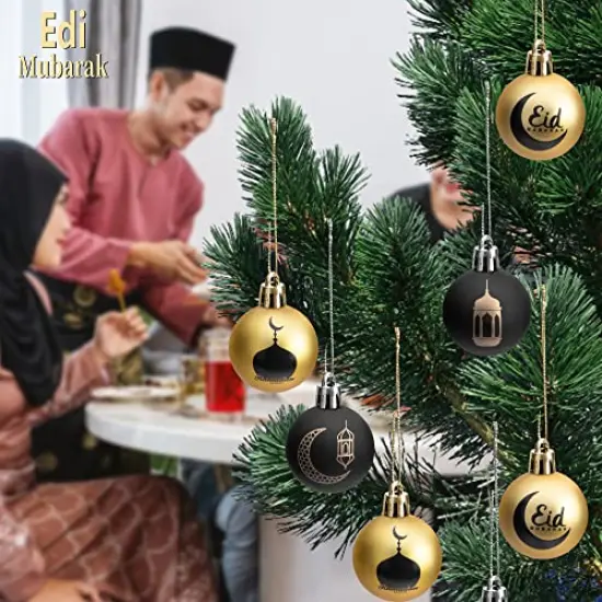 24 Pieces Ramadan Ornament Ball, 1.57" Black Gold Eid Mubarak Hanging Balls, Ramadan Mubarak Ornaments for Islamic Muslim Tree Party Decor {5}