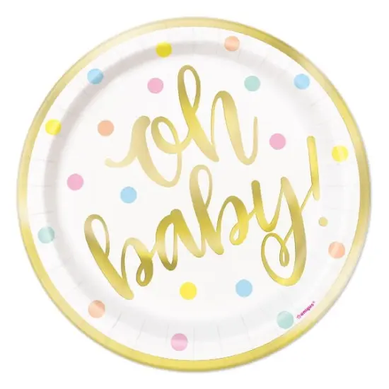 "Oh baby!" Gold Baby Shower Round 7" Dessert Plates, 8ct {1}