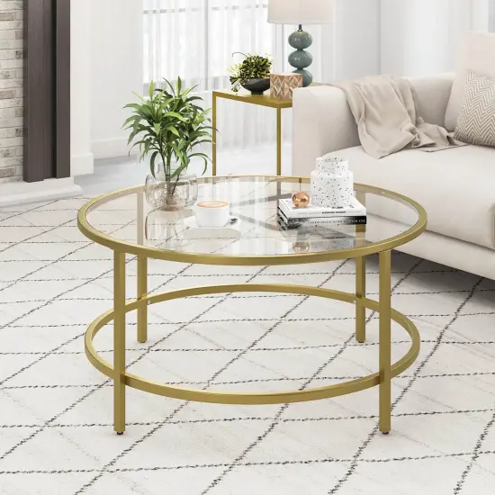 Costway 36'' Round Coffee Table Tempered Glass Tabletop Metal Frame Living Room Black/Golden {2}