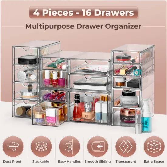 Sorbus 16 Drawers Acrylic Organizer for Makeup, Organization and Storage, Art Supplies, Jewelry, Stationary - 4 Pcs Clear Stackable Storage Drawers {5}