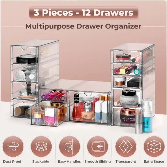 Sorbus 12 Drawers Acrylic Organizer for Makeup, Organization and Storage, Art Supplies, Jewelry, Stationary - 3 Pcs Clear Stackable Storage Drawers {5}