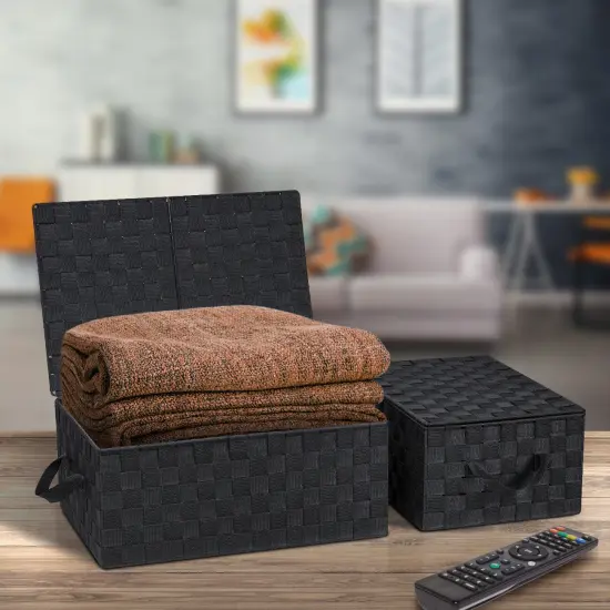 Sorbus 3 Pack Decorative Stackable Woven Basket with Lid and Built-in Rope Carry Handles - Great for Storage and Organization (Black) {4}