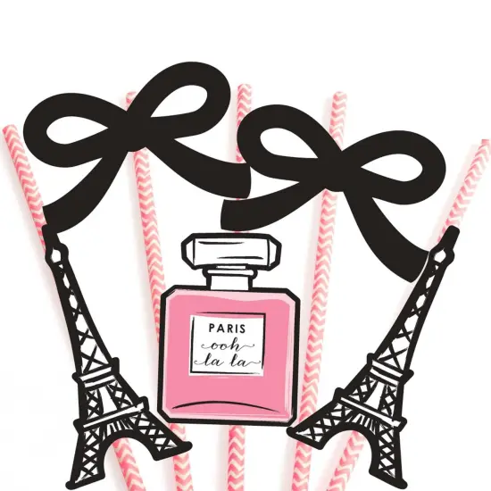 Big Dot of Happiness Paris, Ooh La La - Paris Themed Paper Straw Decor - Baby Shower or Birthday Party Striped Decorative Straws - Set of 24 {7}