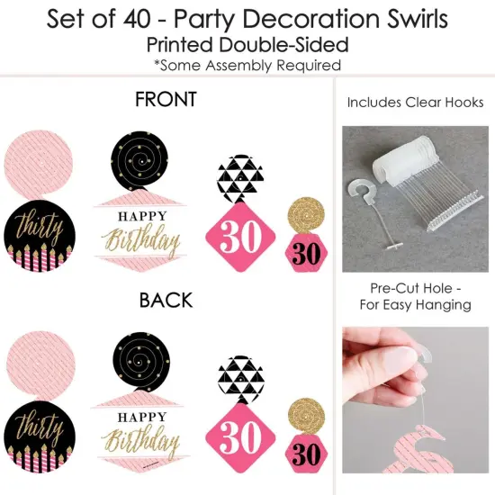 Big Dot of Happiness Chic 30th Birthday - Pink, Black and Gold - Birthday Party Hanging Decor - Party Decoration Swirls - Set of 40 {7}