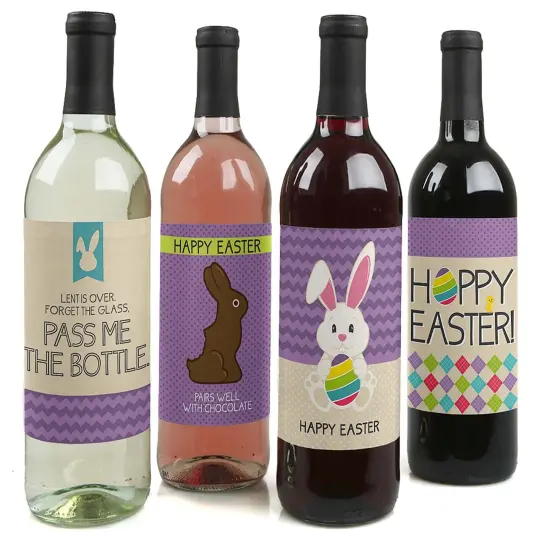 Big Dot of Happiness Hippity Hoppity - Easter Bunny Party Decorations for Women and Men - Wine Bottle Label Stickers - Set of 4 {1}