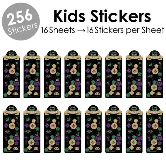 Big Dot of Happiness Mardi Gras - Masquerade Party Favor Kids Stickers - 16 Sheets - 256 Stickers {3}