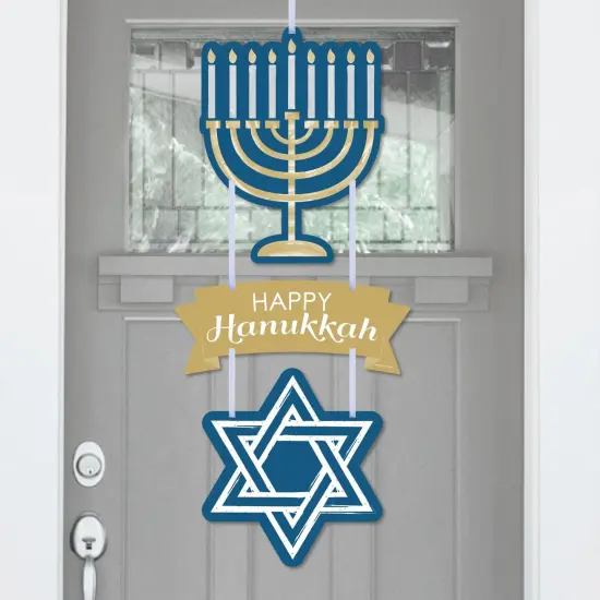 Big Dot of Happiness Happy Hanukkah - Hanging Porch Chanukah Holiday Party Outdoor Decorations - Front Door Decor - 3 Piece Sign {1}