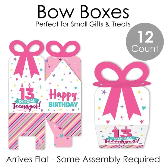 Big Dot of Happiness Girl 13th Birthday - Square Favor Gift Boxes - Official Teenager Birthday Party Bow Boxes - Set of 12 {7}