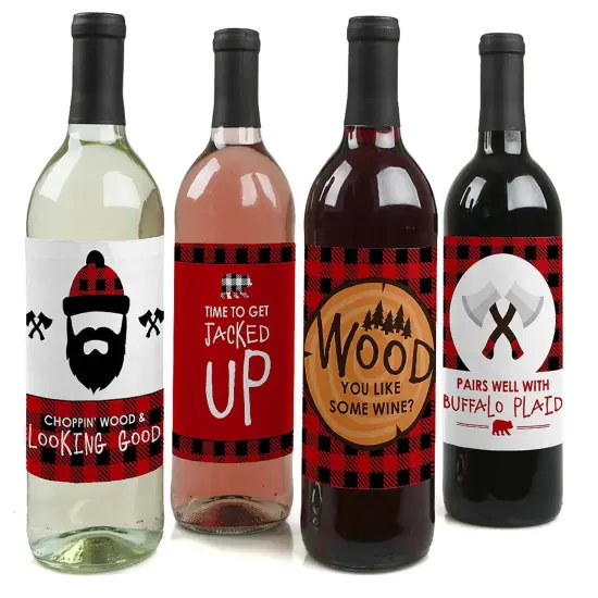 Big Dot of Happiness Lumberjack - Channel the Flannel - Buffalo Plaid Decorations for Women and Men - Wine Bottle Label Stickers - Set of 4 {1}