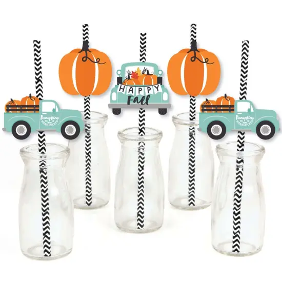 Big Dot of Happiness Happy Fall Truck - Paper Straw Decor - Harvest Pumpkin Party Striped Decorative Straws - Set of 24 {1}