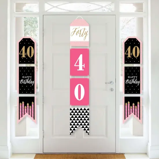 Big Dot of Happiness Chic 40th Birthday - Pink, Black & Gold - Hanging Vertical Paper Door Banners - Birthday Party Wall Decor Kit - Indoor Door Decor {1}