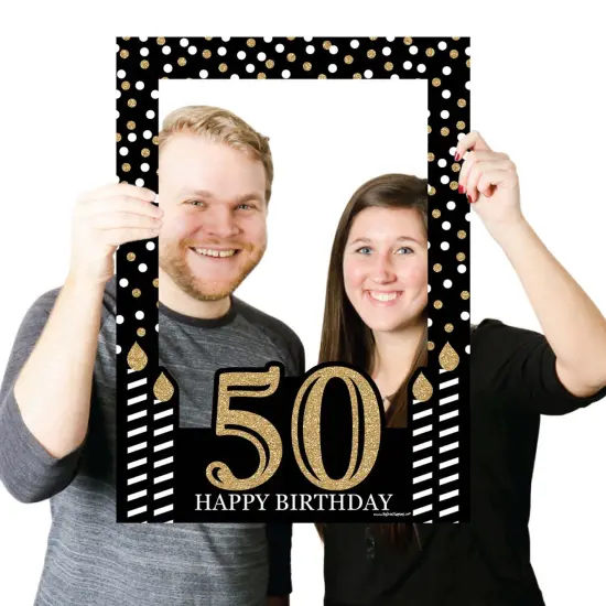 Big Dot of Happiness Adult 50th Birthday - Gold - Birthday Party Selfie Photo Booth Picture Frame & Props - Printed on Sturdy Material {4}