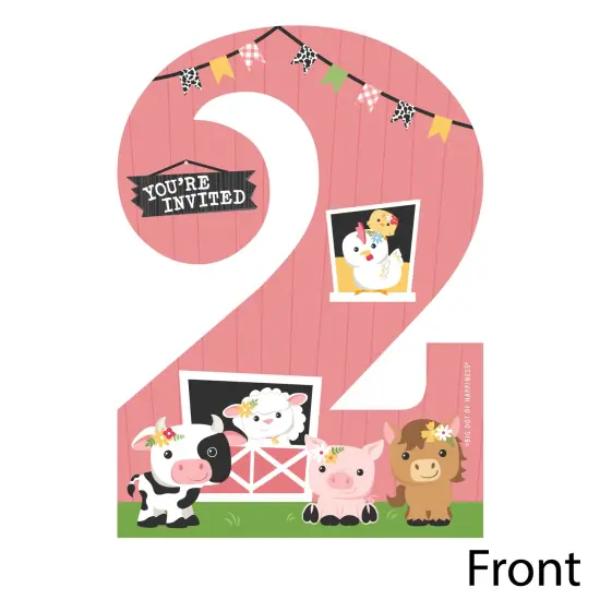 Big Dot of Happiness 2nd Birthday Girl Farm Animals - Shaped Fill-In - Pink Barnyard Second Birthday Party Invitation Cards with Envelopes 12 Ct {4}