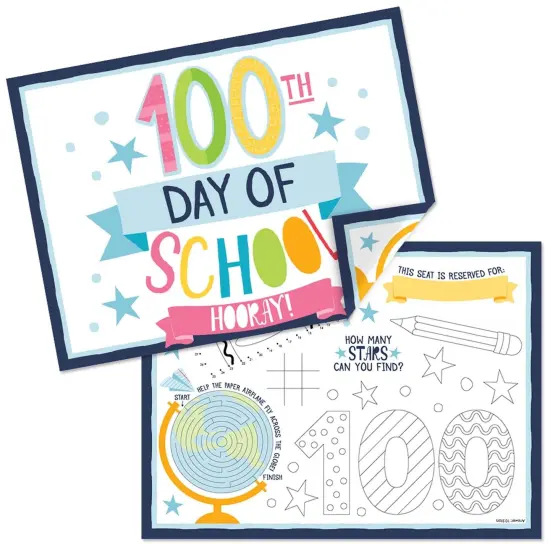 Big Dot of Happiness Happy 100th Day of School - Paper 100 Days Party Coloring Sheets - Activity Placemats - Set of 16 {1}