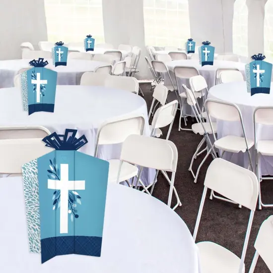Big Dot of Happiness Blue Elegant Cross - Table Decorations - Boy Religious Party Fold and Flare Centerpieces - 10 Count {6}