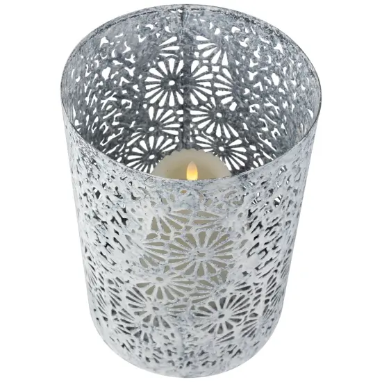Northlight Laser-Cut Floral Iron Pillar Candle Holders - 10" - Gray and White - Set of 2 {5}