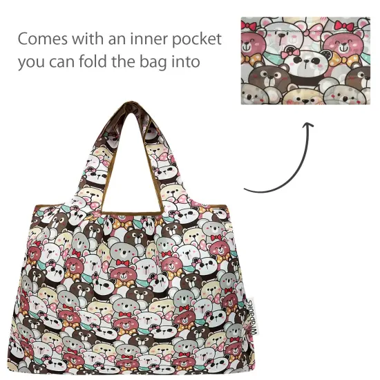 Wrapables Large & Small Foldable Tote Nylon Reusable Grocery Bags, Set of 2, Funny Bears {5}
