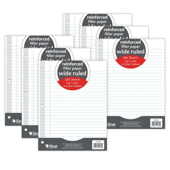 Reinforced 3-Hole Punched, Filler Paper, Wide Rule, 10.5" x 8", 100 Sheets Per Pack, 6 Packs {1}