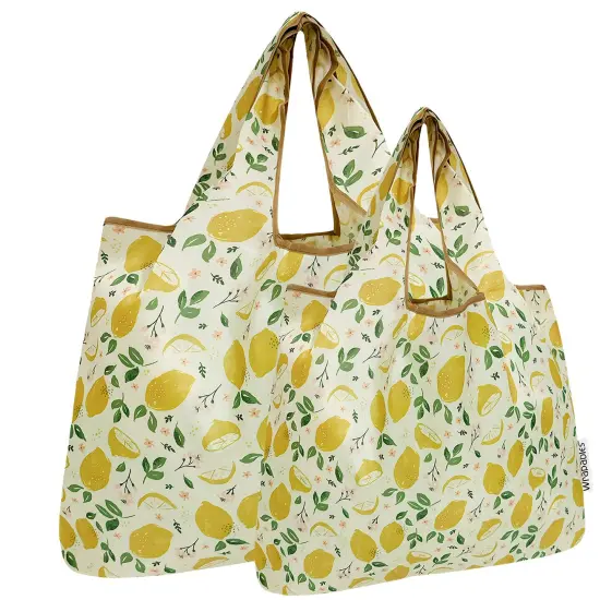 Wrapables Large & Small Foldable Tote Nylon Reusable Grocery Bags, Set of 2, Lemons {1}