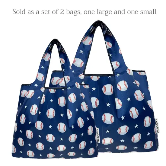 Wrapables Large & Small Foldable Tote Nylon Reusable Grocery Bags, Set of 2, Baseball {3}
