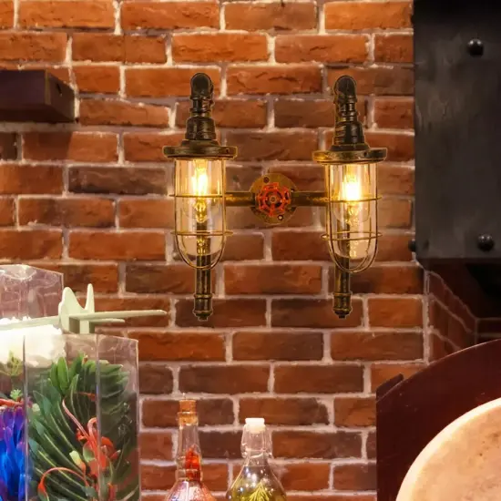 Vintage Wall Light Industrial Water Pipe Wall Lamp Glass Lampshade Wall Sconce {2}