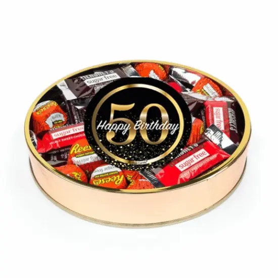 50th Birthday Sugar Free Candy Gift Tin Large Plastic Tin with Sticker and Hershey's Chocolate & Reese's Mix - By Just Candy {1}